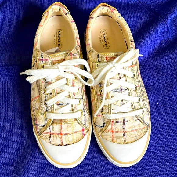 Coach Shoes - Coach Barrett sneakers gold trim plaid Sz 10B